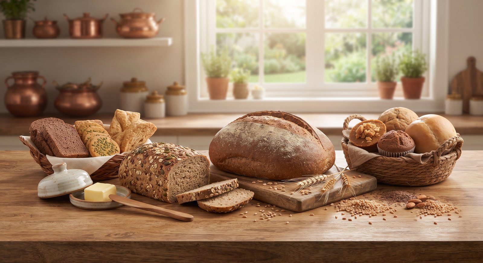 Fresh baked bread, muffins and bakery essentials on a wooden counter