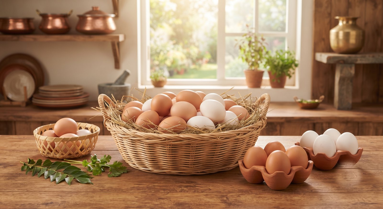 Fresh farm eggs in a woven basket and terracotta egg tray