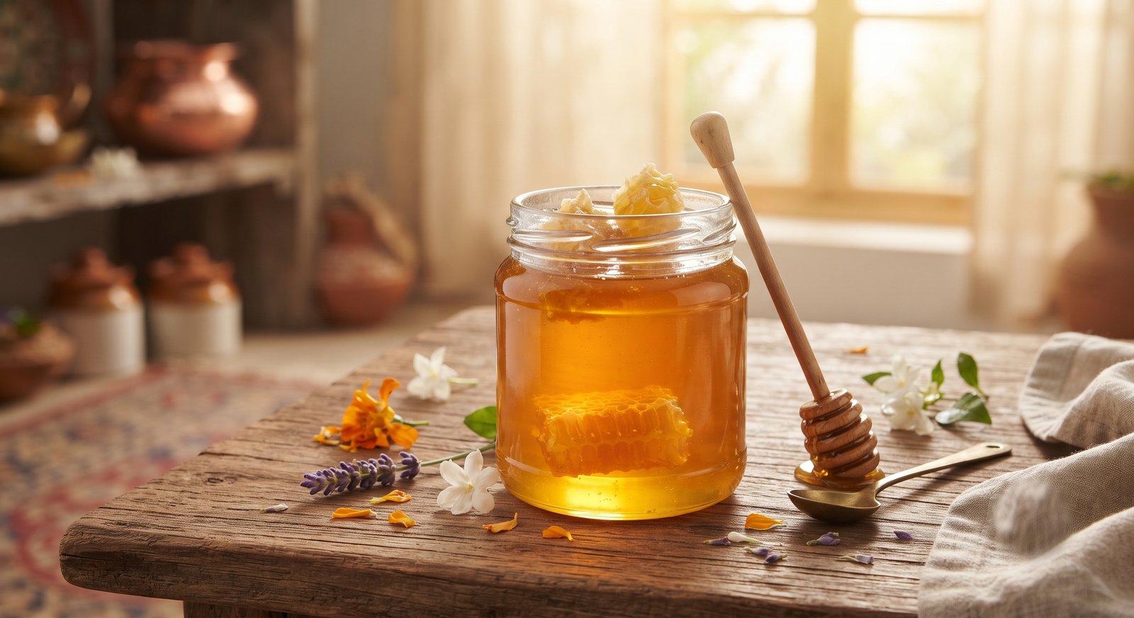 Natural honey with honeycomb in a glass jar