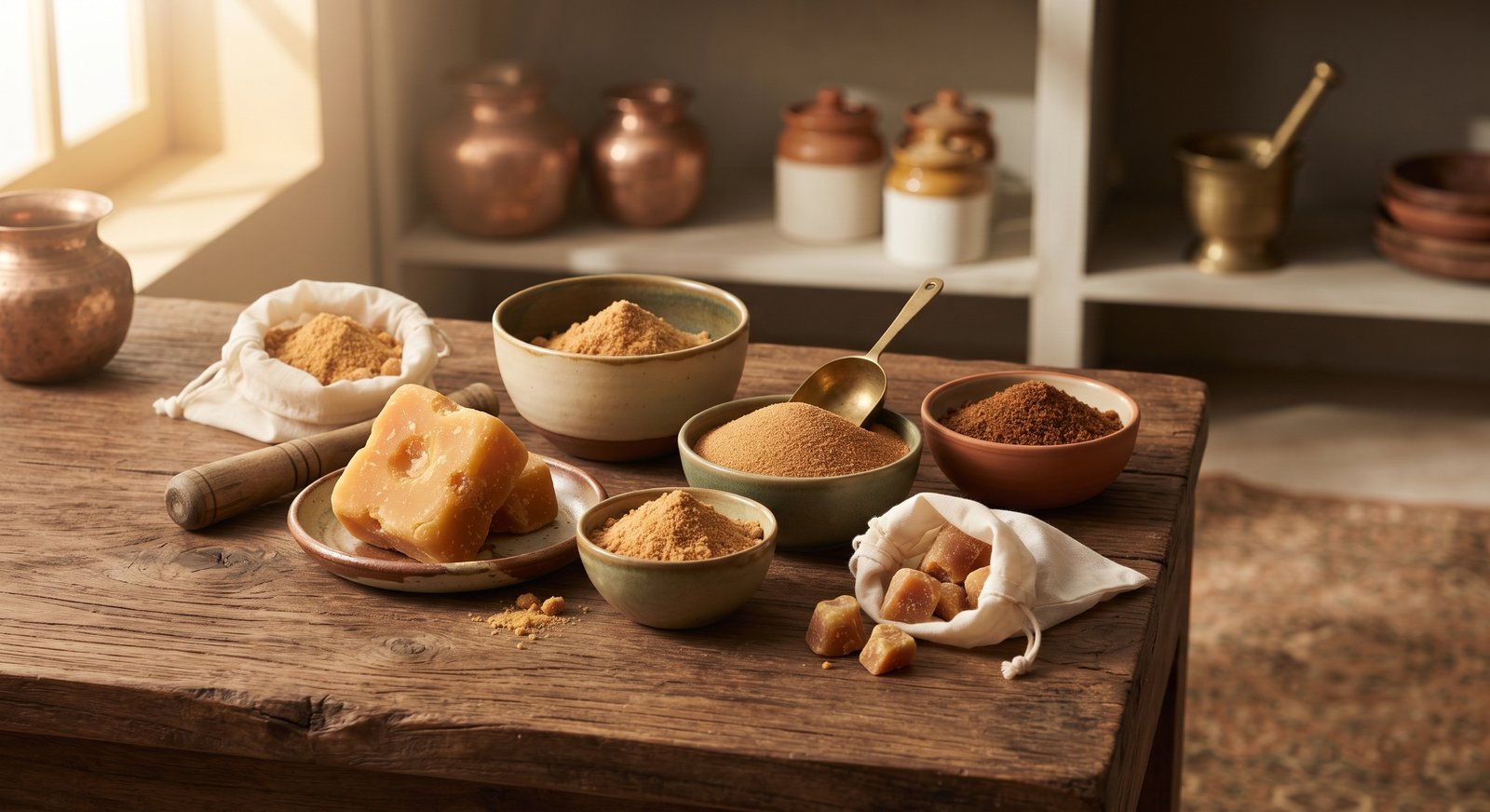 Traditional jaggery blocks and natural sweeteners in bowls