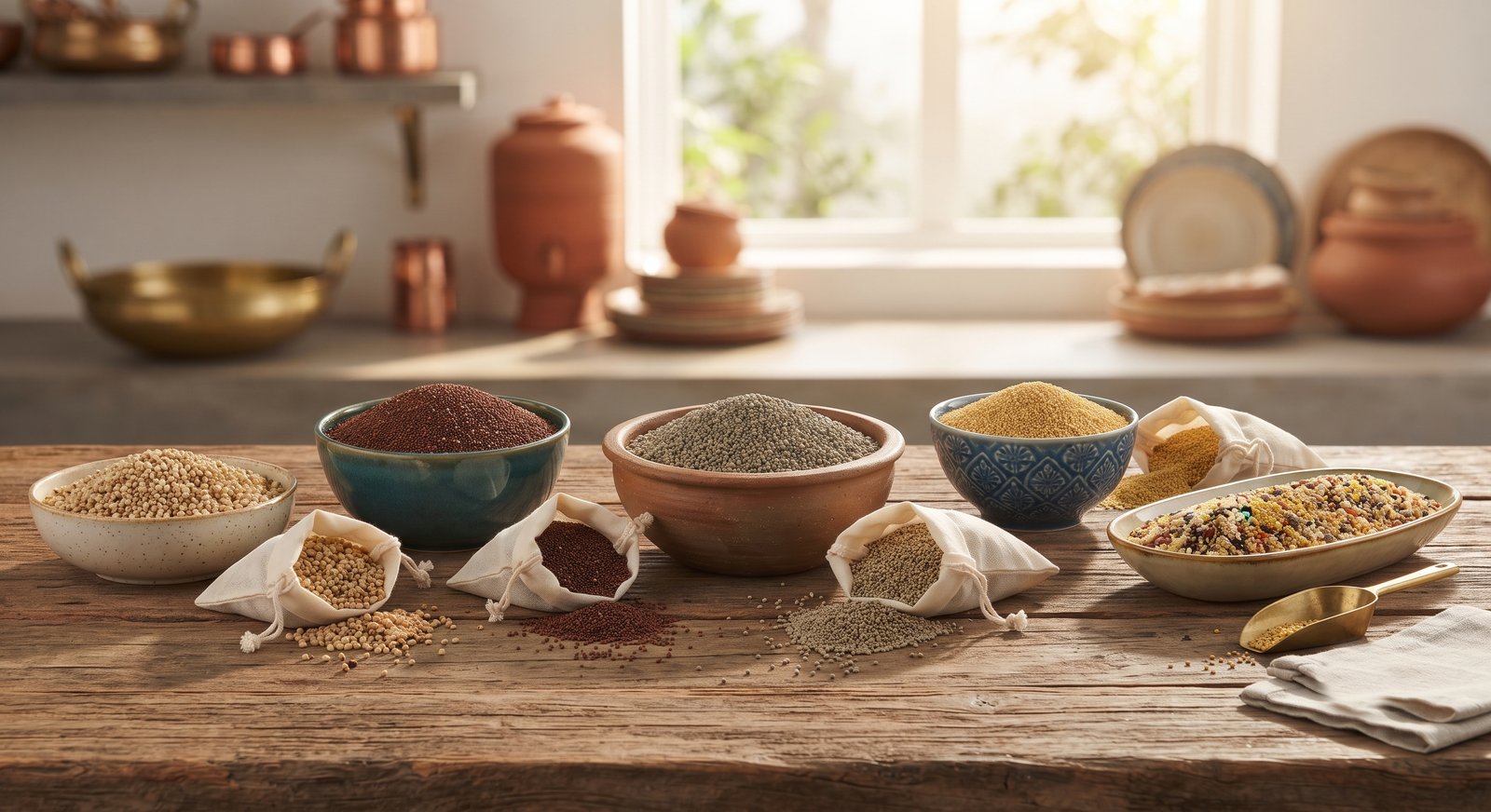 Assorted millets including jowar, bajra and mixed millets in bowls