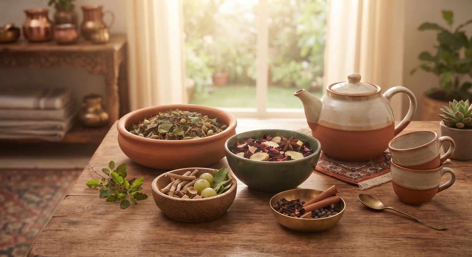 Herbal wellness blends, dried botanicals and detox teas in bowls