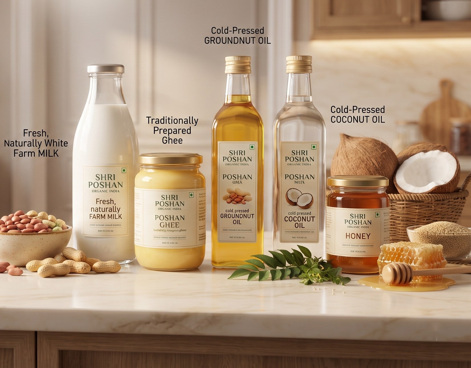 Fresh farm milk, traditionally prepared ghee, cold-pressed oils and honey on a kitchen counter