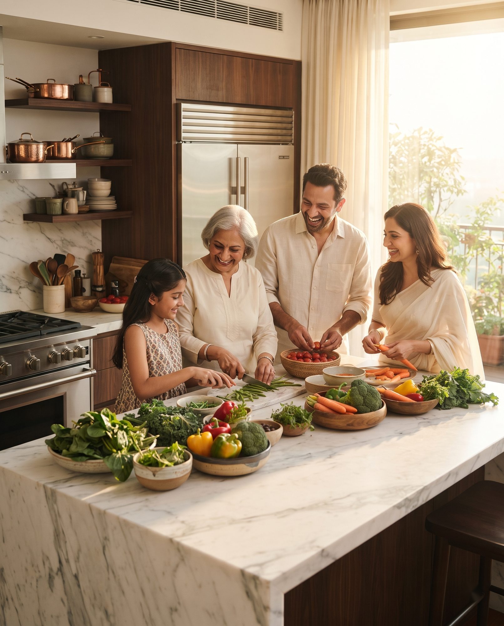 Indian family preparing healthy food together in their home kitchen