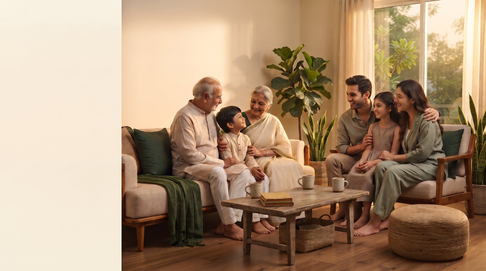 Three generations of an Indian family relaxing and talking together in their living room