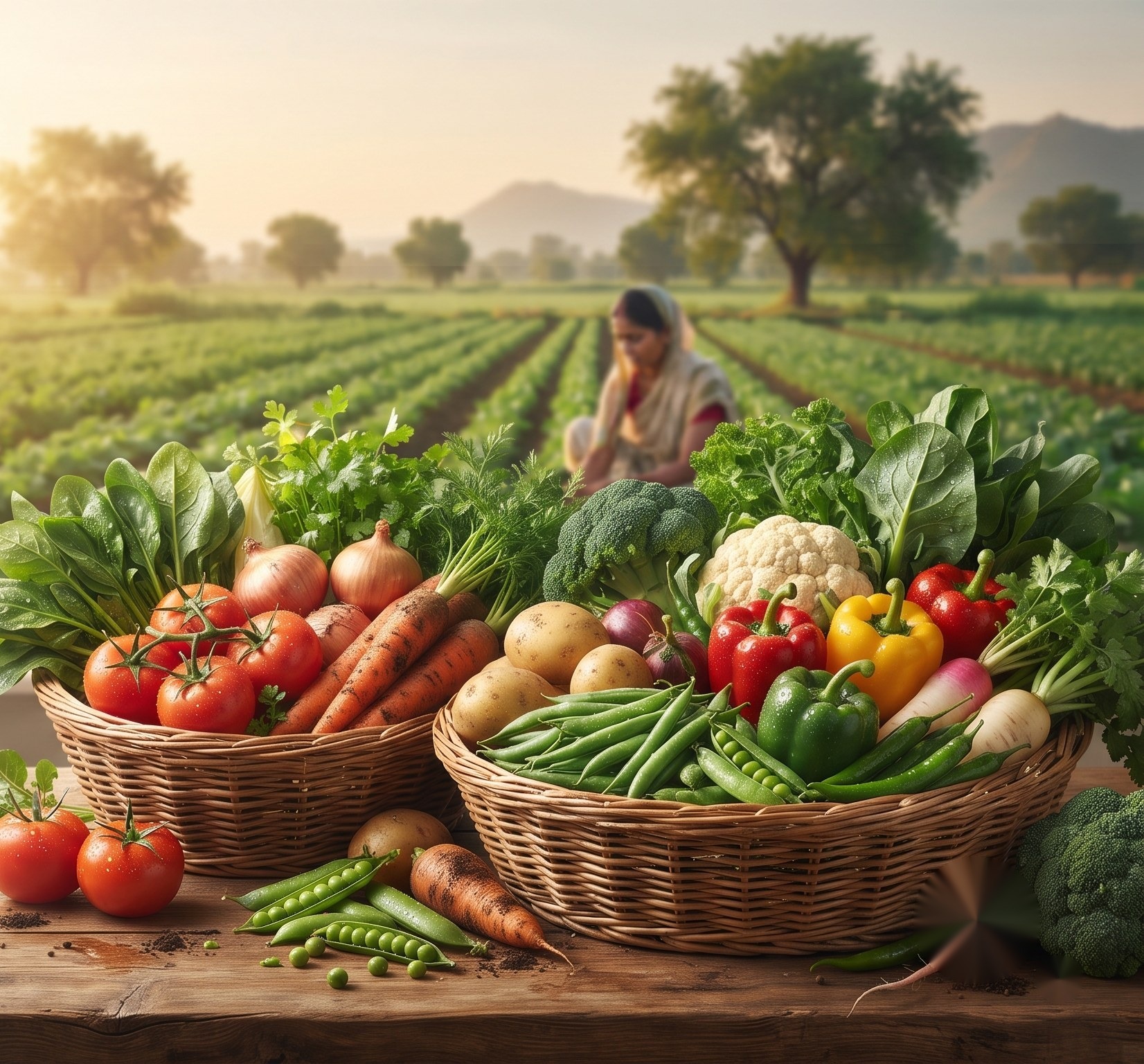 Fresh organic vegetables from farm to home, harvested with a farmer visible in the field behind