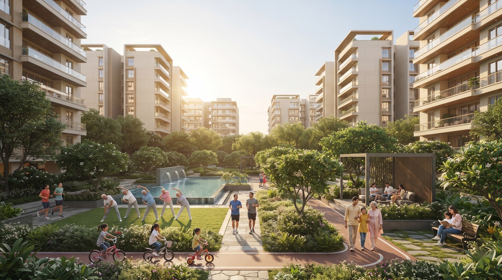 Residents of a premium housing society exercising, walking and cycling together in a green courtyard