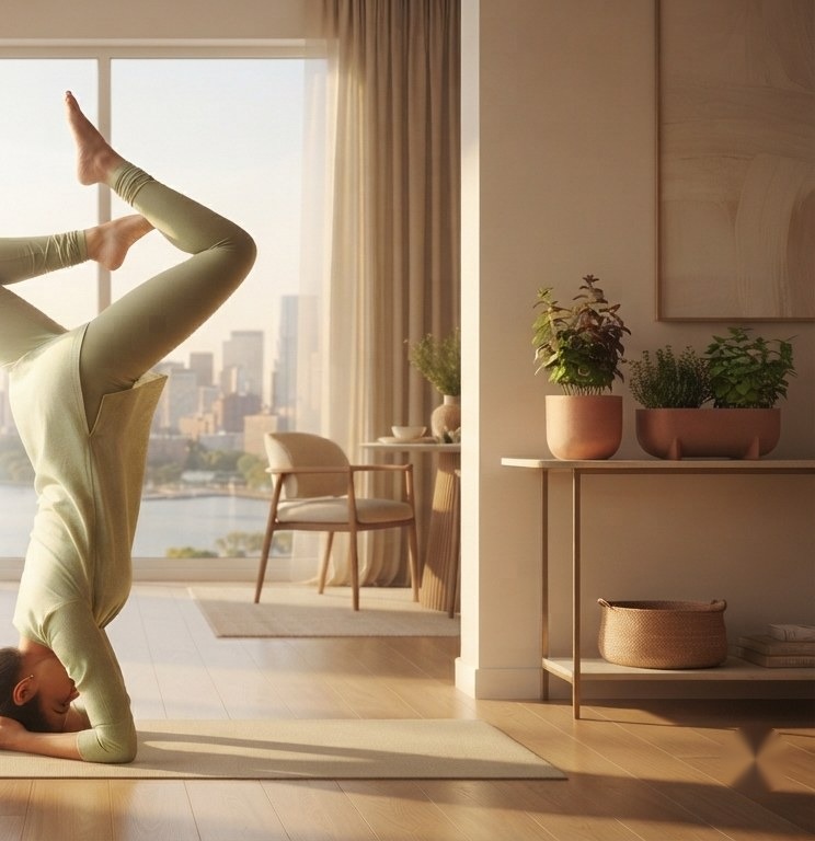 Woman practicing yoga in a bright home overlooking the city, part of a balanced healthy lifestyle