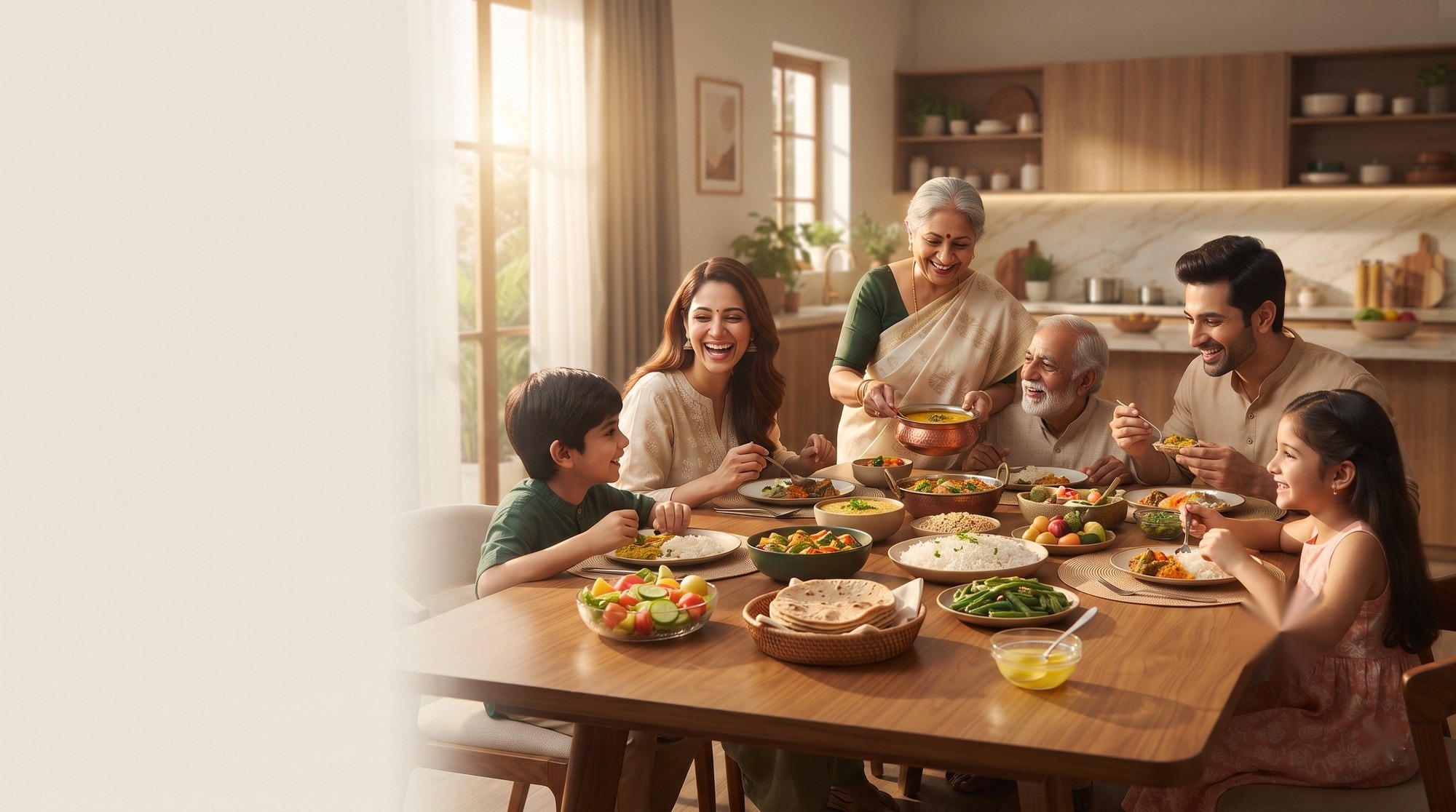Indian family enjoying a healthy home-cooked meal together in a modern kitchen