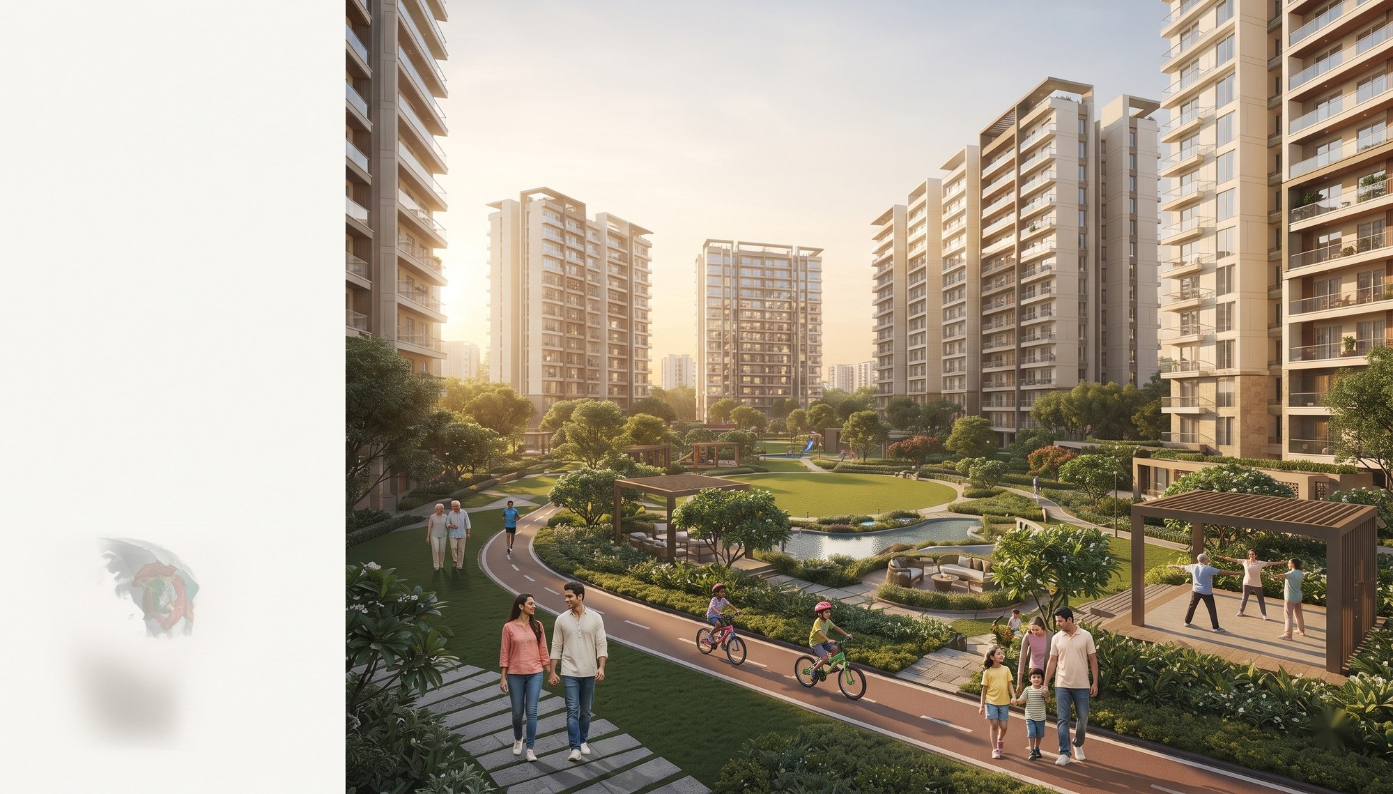 Premium residential society garden with families walking and children cycling