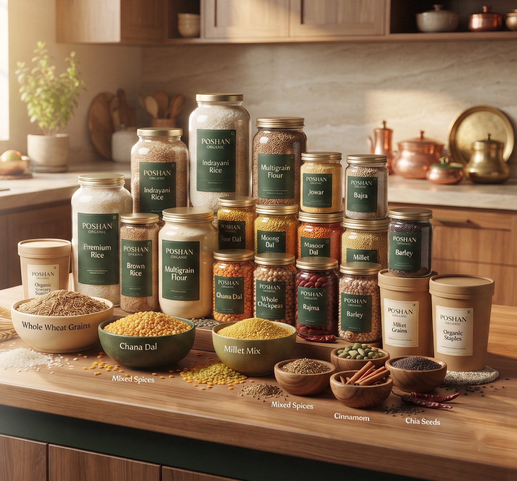Organic rice, atta, pulses and millets in labelled jars on a kitchen counter