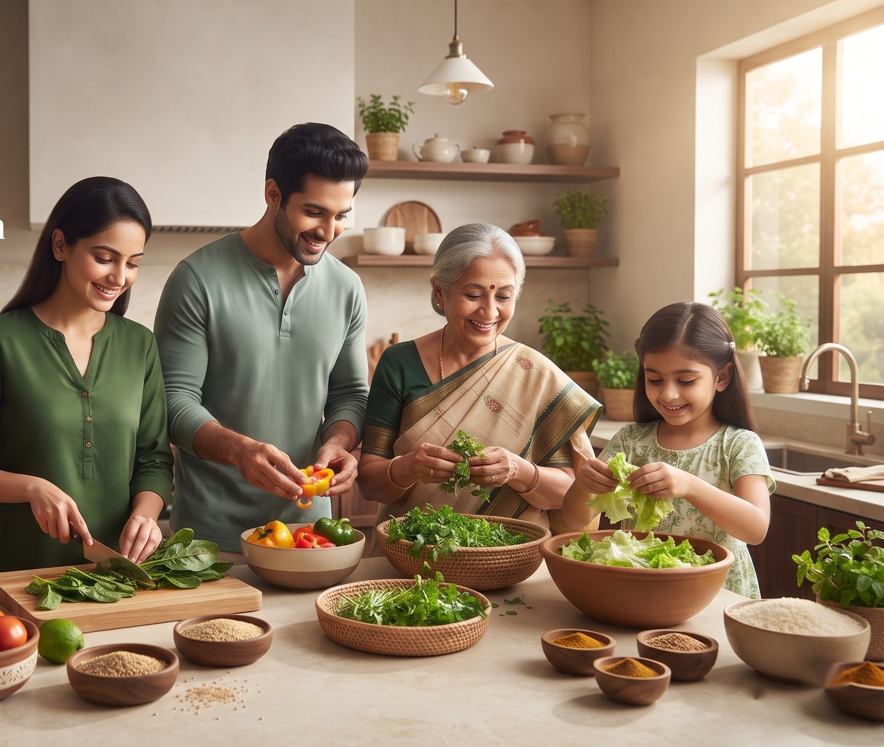 Three generations of an Indian family preparing fresh vegetables together in their kitchen