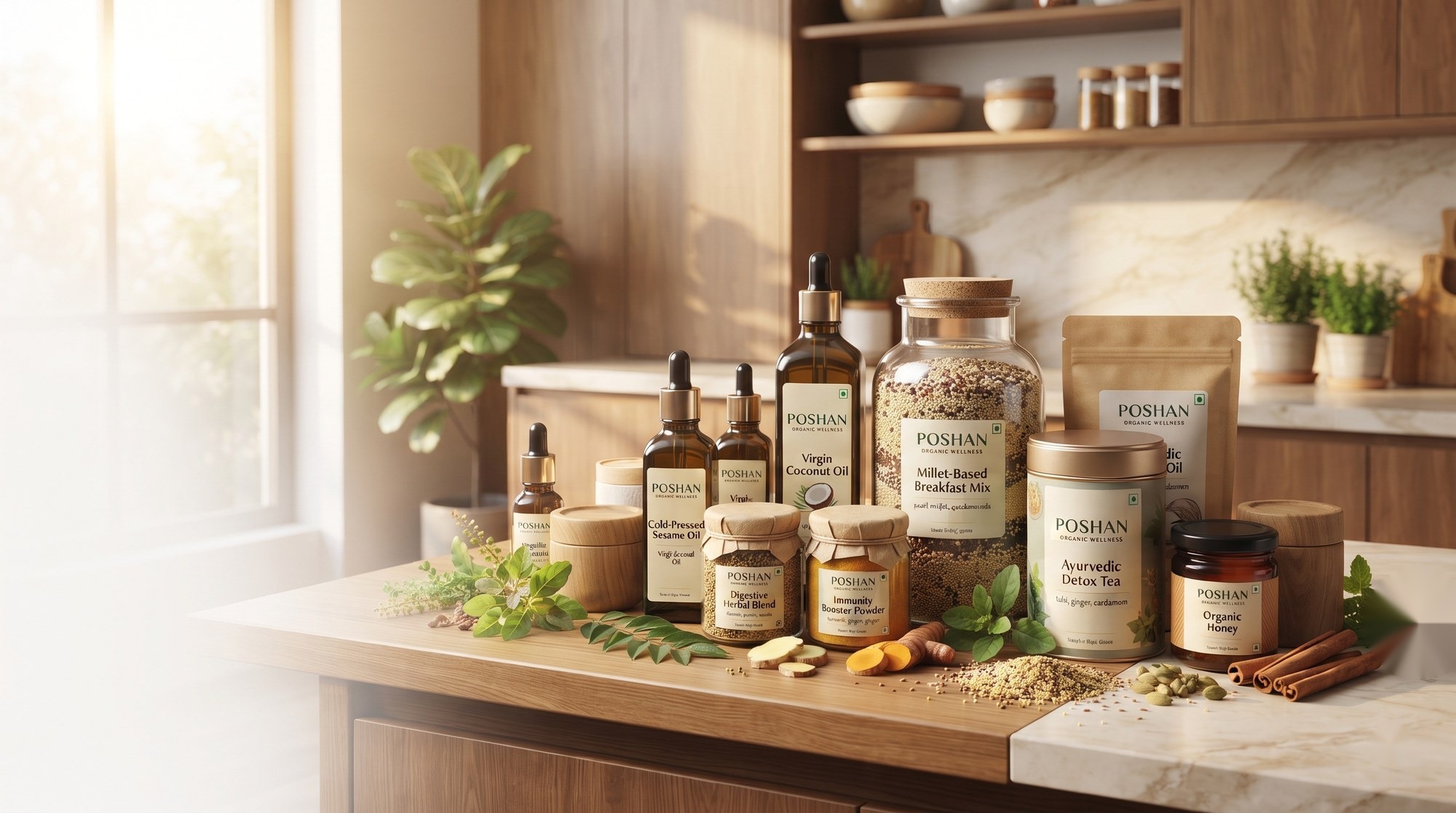 Natural wellness products including herbal blends, cold-pressed oils, millet breakfast mix and honey